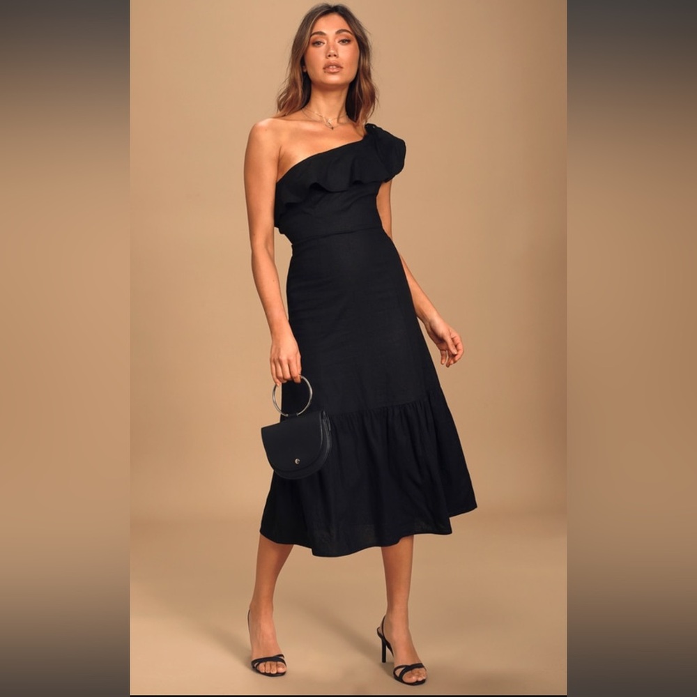 Black one shoulder linen midi dress